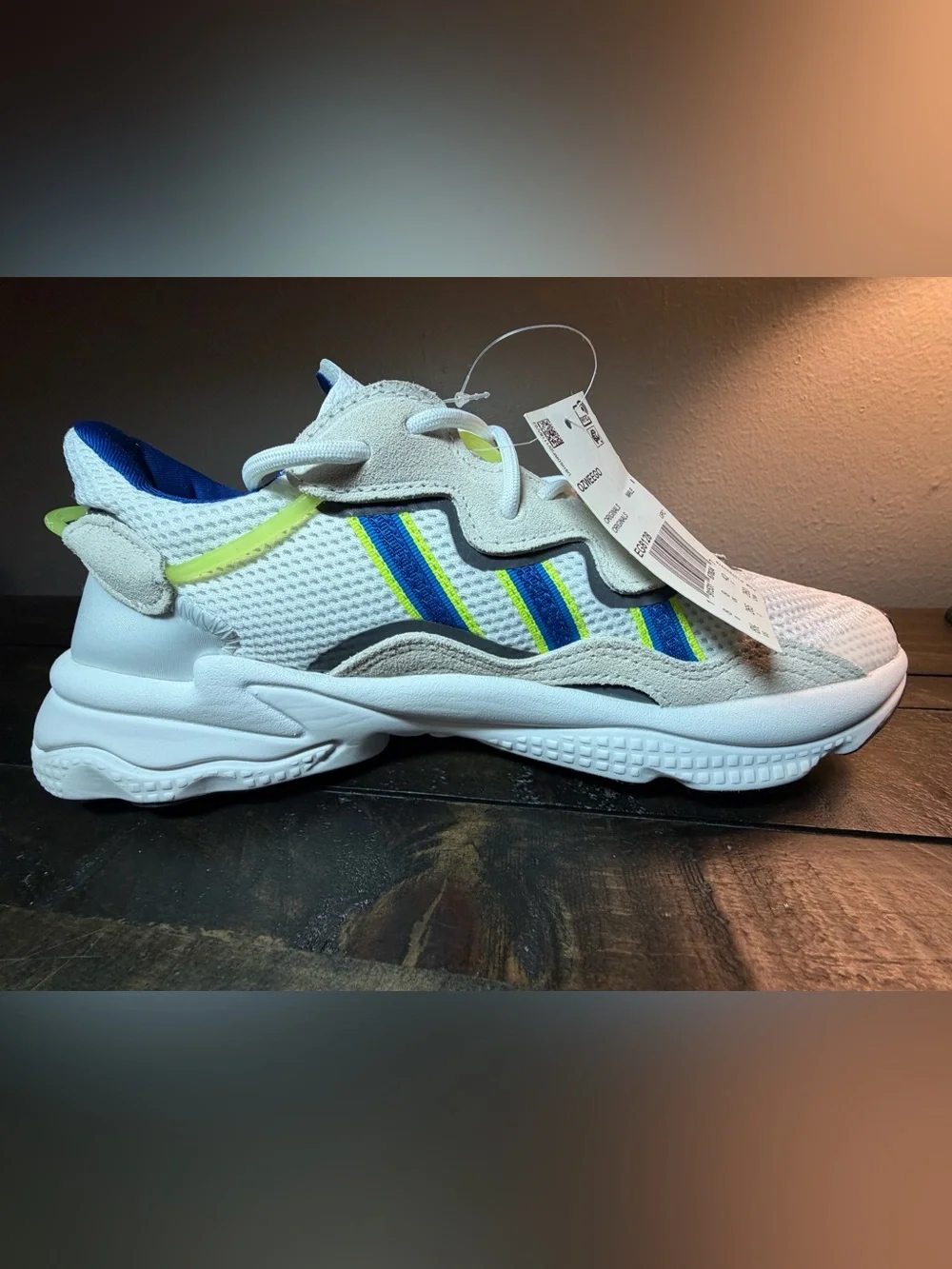 Men’s Adidas White, Blue & Neon Yellow Athletic Sneakers